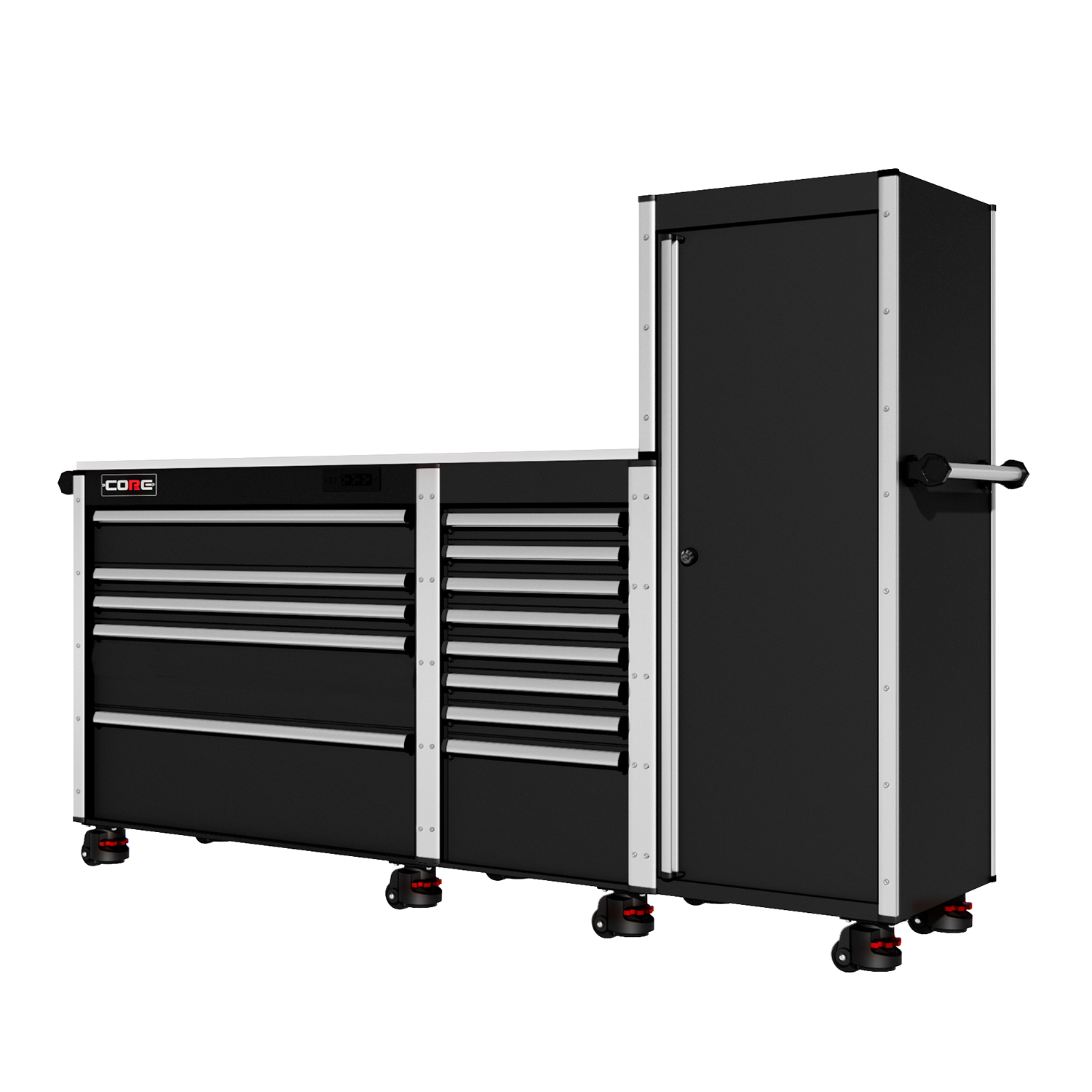 88 Series - 13 Drawers with Tall Locker - Silver Handles - Traditional Casters