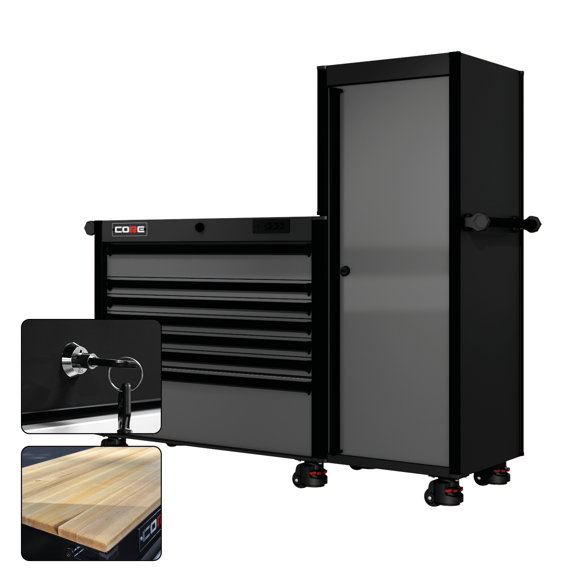 66 Series - 7 Drawers and Tall Locker - Black Handles - Foot Casters