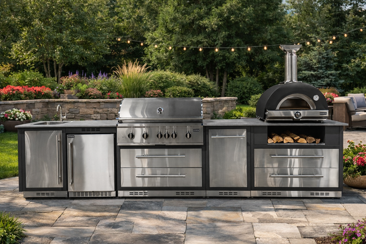 Outdoor kitchen with stainless steel appliances including a grill, refrigerator, and pizza oven.