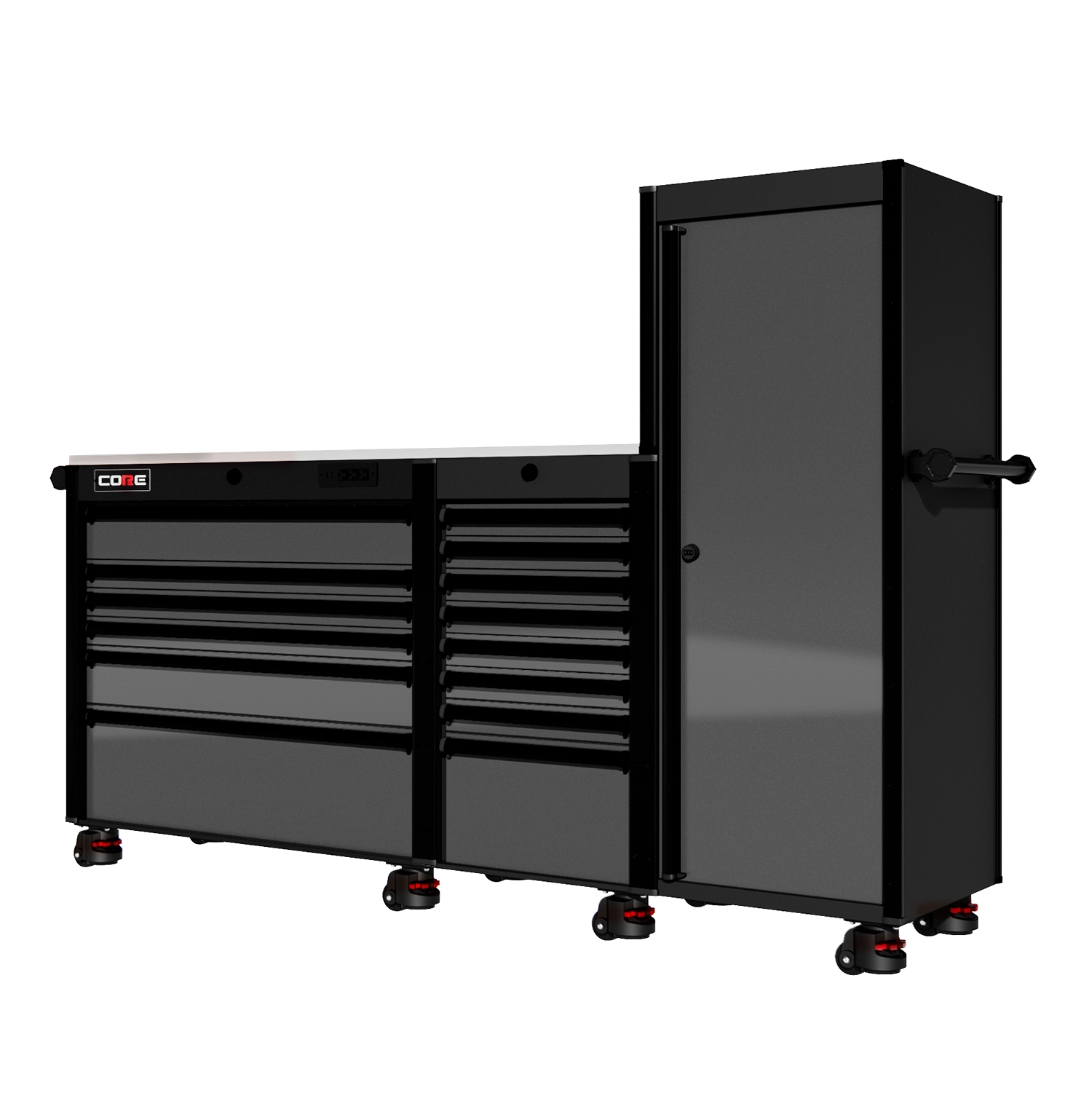 88 Series - 13 Drawers with Tall Locker - Black Handles - Foot Casters